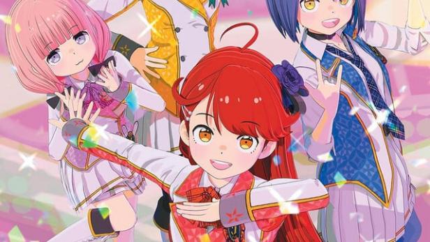 Vier Anime-Idol-Charaktere posieren vor einem glitzernden Hintergrund für „Idol Survival“.