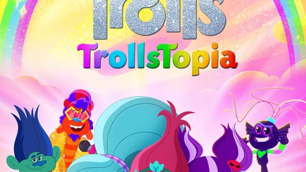 Das Filmplakat für „Trolls TrollsTopia“ mit verschiedenen Troll-Charakteren vor einem Regenbogen.