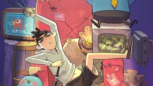 Ein Cartoon-Poster für „Killer Seven“ mit der Hauptfigur in einem Sessel, umgeben von Geld und skurrilen Charakteren.