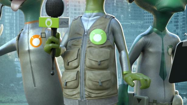 Drei animierte Aliens als Reporterteam für „Alien TV“.