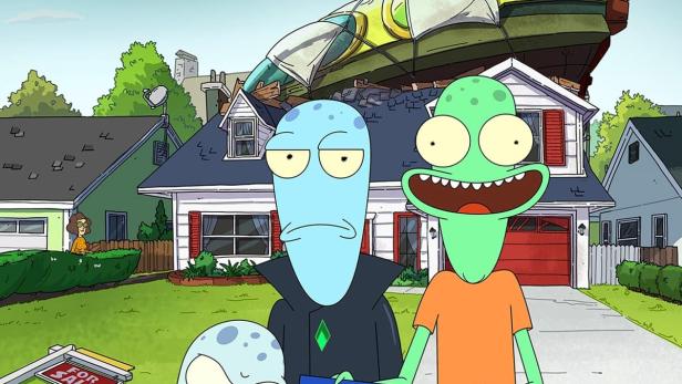 Das Poster für die Zeichentrickserie „Solar Opposites“ zeigt die außerirdische Familie vor ihrem Haus.