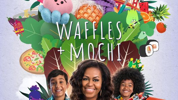 Das Poster für „Waffles + Mochi“ zeigt Michelle Obama mit zwei Kindern und den Puppen Waffel und Mochi, umgeben von Lebensmitteln.