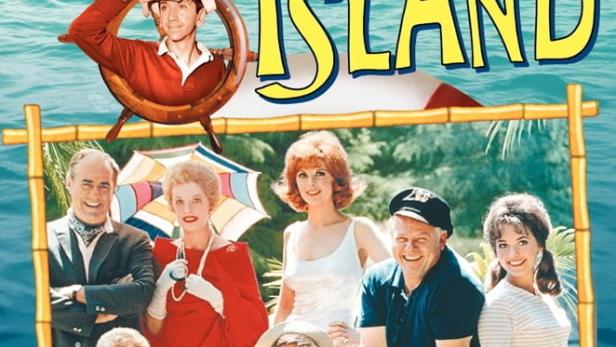 Das Ensemble der Fernsehserie „Gilligan’s Island“ vor tropischer Kulisse.