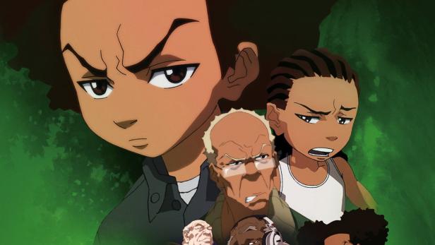Das animierte Poster für „The Boondocks“ zeigt die Hauptfiguren vor einem grünen Hintergrund.