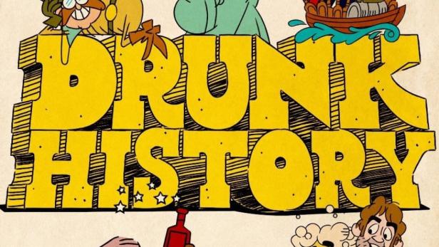 Cartoon-Darstellung verschiedener historischer Figuren mit Bier vor dem Schriftzug „Drunk History“.