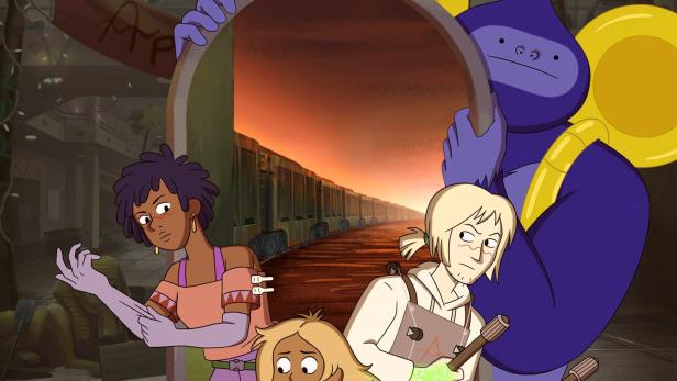 Das animierte Poster für „Infinity Train“ zeigt Charaktere vor einem endlosen Zug.