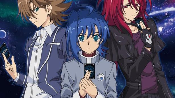 Das Cover von „Cardfight!! Vanguard“ zeigt drei Charaktere vor einem Weltraumhintergrund.