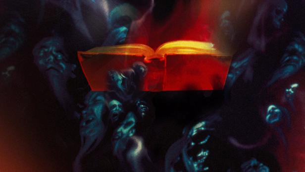 Das Cover von „Tales from the Darkside“ zeigt ein rotes Buch, umgeben von geisterhaften Gesichtern.