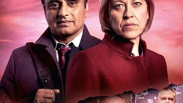 Das Filmplakat für „Unforgotten“ zeigt zwei Ermittler und vier Verdächtige.