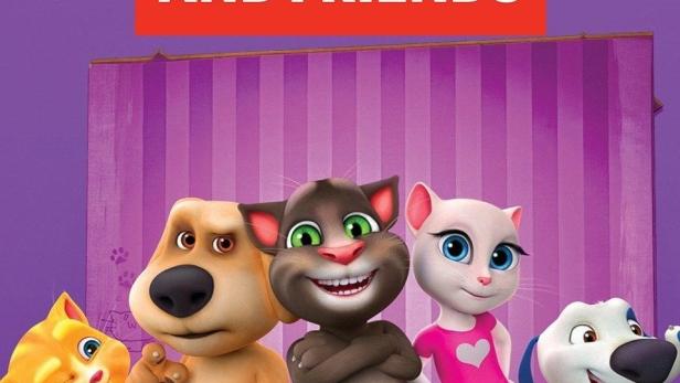 Die animierten Charaktere aus „Talking Tom and Friends“ stehen zusammen vor einem lila Hintergrund.