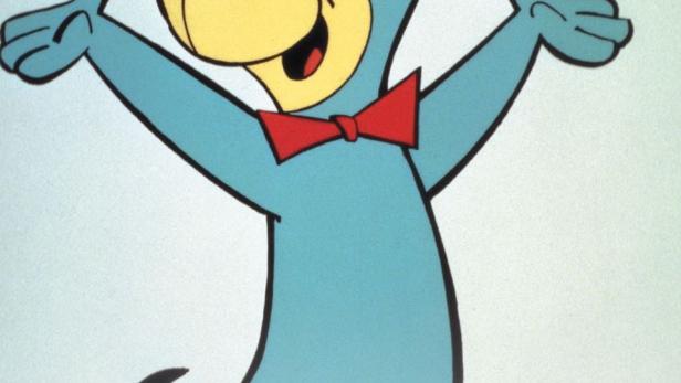 Huckleberry Hound, eine blaue Zeichentrickfigur, posiert mit Fliege und Hut.