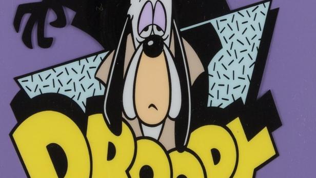 Logo für „Droopy: Meisterdetektiv“ mit Droopy, einem Detektivschatten und den Unterschriften von Bill Hanna und Joe Barbera.
