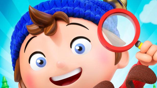 Noddy, der kleine Detektiv, mit Lupe und seinem Hund vor seinem gelben Auto.