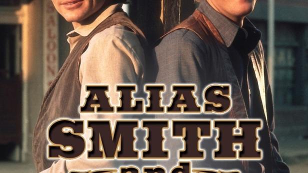 Zwei Männer in Cowboyhüten posieren für ein Werbeplakat der Westernserie „Alias Smith and Jones“.