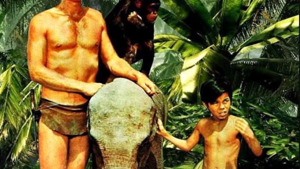 Das Filmplakat für „Tarzan“ mit Ron Ely, einem Schimpansen, einem Elefanten und einem Kind im Dschungel.