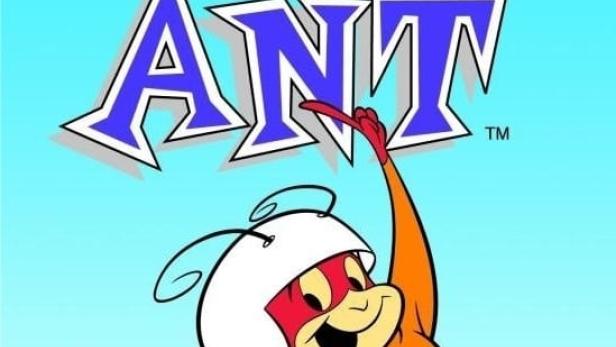 Das Logo und eine Comic-Darstellung von Atom Ant, einer animierten Ameise mit Superkräften.