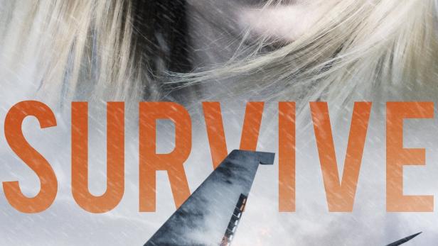 Das Filmplakat für „Survive“ zeigt eine Frau, ein brennendes Flugzeugwrack und zwei Überlebende in der Schneelandschaft.