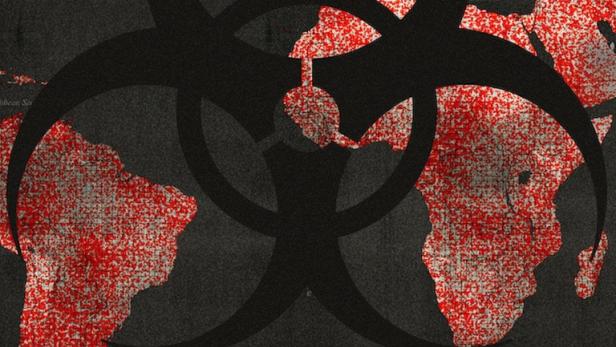 Eine Weltkarte mit roter Punktmusterung und einem schwarzen Warnsymbol für Biogefährdung im Vordergrund.