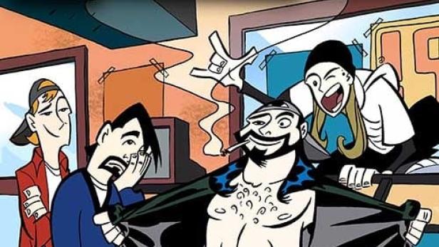 Das Cover der Zeichentrickserie „Clerks“ zeigt die Hauptfiguren in einer komischen Szene.