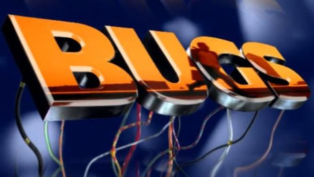 Das stilisierte Logo der BBC-Serie „Bugs“ vor einem blauen Hintergrund.