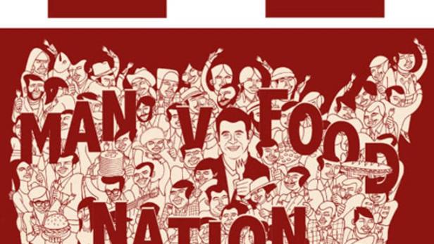 Illustration eines „Man v Food Nation“-T-Shirts mit einer Menschenmenge in Form der USA.