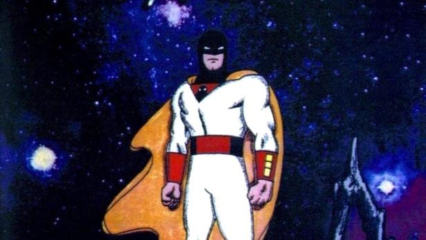 Ein Cartoon von Space Ghost vor einem sternenübersäten Himmel.
