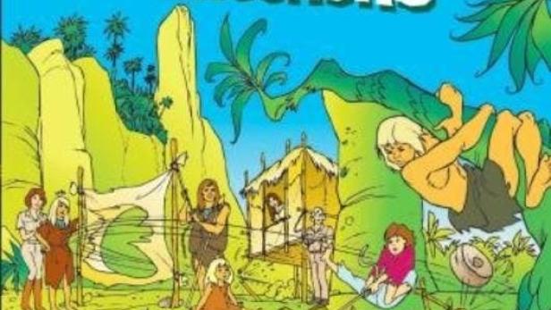 Das Cover der Hanna-Barbera-DVD „Tal der Dinosaurier“ mit einer Familie und ihrem Dinosaurier-Freund in einer prähistorischen Landschaft.