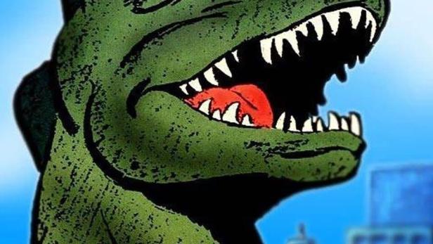Eine stilisierte Darstellung von Godzilla vor dem Hintergrund einer Stadt.
