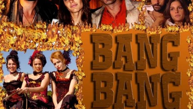 Collage mit Darstellern der brasilianischen Telenovela „Bang Bang“ vor einem Hintergrund aus Flammen.