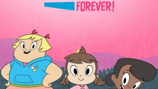 Das Poster für die DreamWorks-Animationsserie „Harvey Girls Forever!“ mit drei jungen Mädchen.