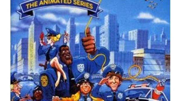 Das Cover der Zeichentrickserie „Police Academy“ zeigt eine Gruppe Polizisten vor einer Stadtkulisse.