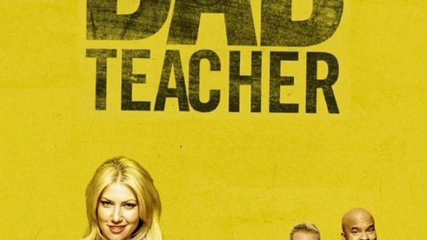 Das Filmplakat für „Bad Teacher“ zeigt Cameron Diaz und andere Darsteller vor gelbem Hintergrund.