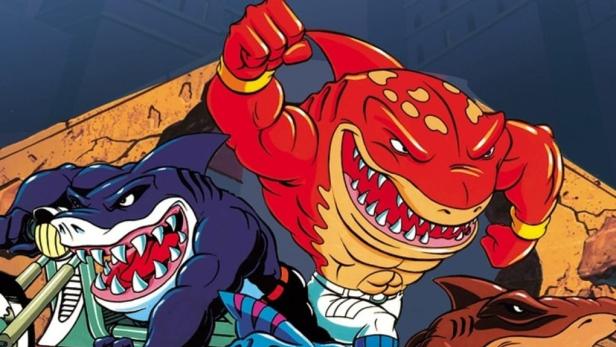 Das Poster der Zeichentrickserie „Street Sharks“ zeigt vier anthropomorphe Haie vor einer Stadtkulisse.