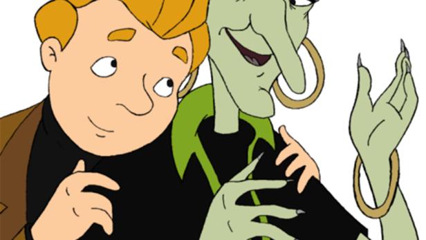 Ein Mann und eine grüne Hexe mit gelbem Haar, möglicherweise aus „Die Märchen der Rue Broca“.