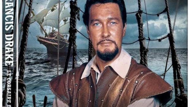Das DVD-Cover von „Sir Francis Drake: Der Freibeuter der Königin“ zeigt den Hauptdarsteller vor einem Segelschiff.