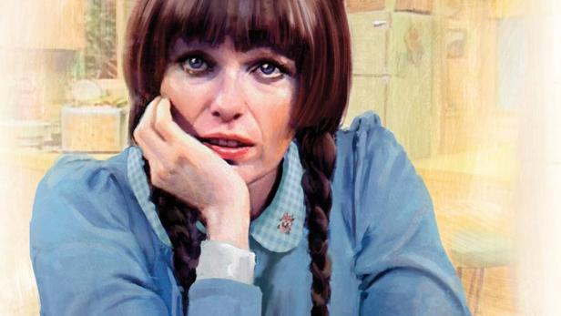 Gemälde von Mary Hartman, die an einem Tisch mit einer Tasse sitzt.