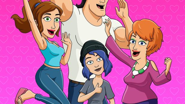 Die animierte Familie Hart aus der Serie „Bless the Harts“ posiert vor einem rosa Hintergrund mit Herzen.