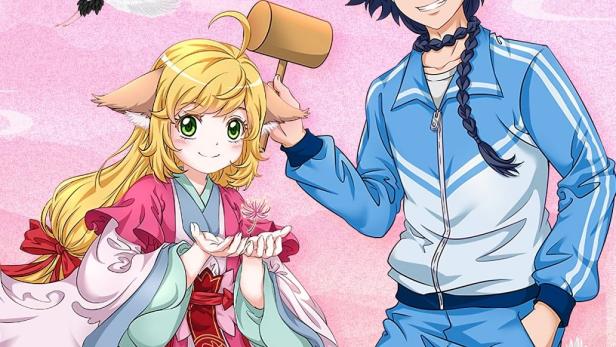 Ein Mädchen mit Fuchs Ohren und ein Junge in Trainingskleidung stehen vor einem rosa Hintergrund mit Kranichen.