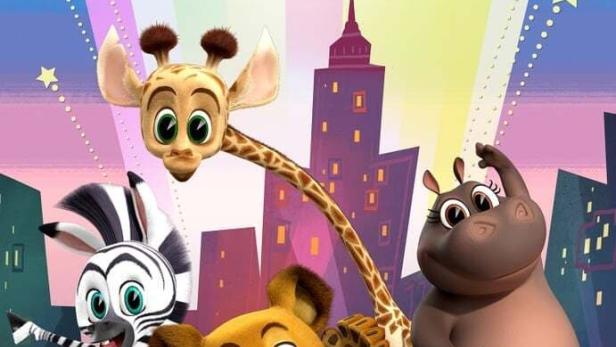Das animierte Filmplakat zu „Madagascar: A Little Wild“ zeigt die vier Hauptfiguren vor einer bunten Stadtkulisse.