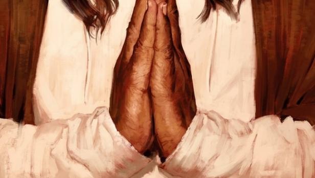 Gemälde von „Black Jesus“ mit gefalteten Händen.