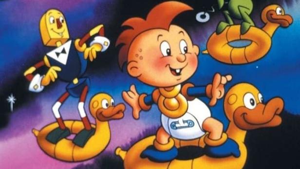 Das Cover der Zeichentrickserie „Fantastic Max“ zeigt Max und seine Freunde auf Enten-Schwimmringen im Weltraum.
