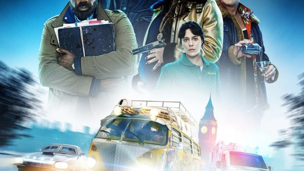 Das Filmplakat für „Curfew“ zeigt eine Gruppe von Personen und Fahrzeugen vor dem Hintergrund von Big Ben.
