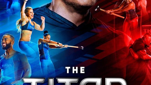 Das Poster für „The Titan Games“ zeigt Dwayne „The Rock“ Johnson und Athleten im Wettkampf.