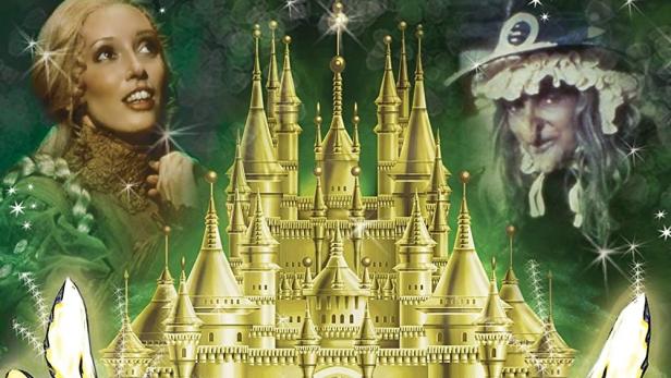 Das Cover von „Faerie Tale Theatre: Tales from the Brothers Grimm“ zeigt eine Prinzessin, ein Schloss und eine Hexe.