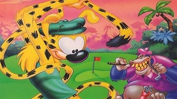 Marsupilami spielt Golf, während ein anderer Charakter eine Zigarre raucht.
