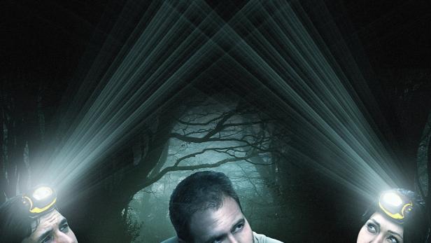 Drei Personen mit Stirnlampen und einer Taschenlampe stehen vor einem dunklen Wald, im Hintergrund der Titel „Expedition X“.