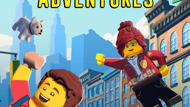 Das LEGO City Adventures-Logo mit verschiedenen LEGO-Figuren vor einer Stadtkulisse.