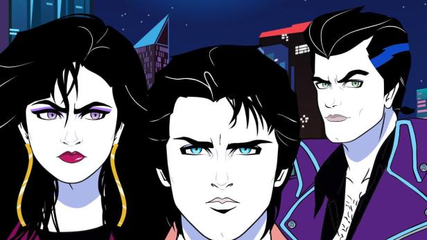 Drei stilisierte Charaktere vor dem Hintergrund der Stadt „Moonbeam City“.