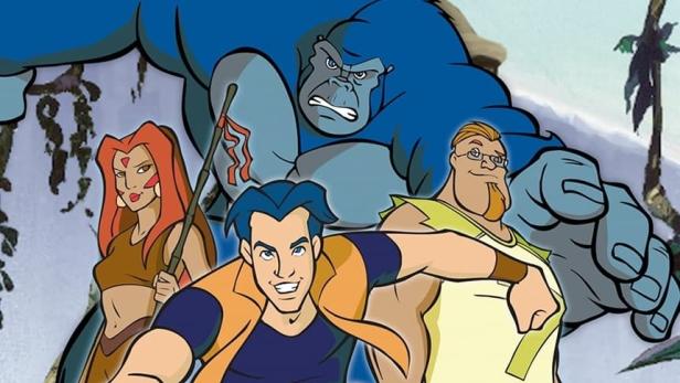 Das Cover der Zeichentrickserie „Kong“ mit Kong und drei menschlichen Charakteren.