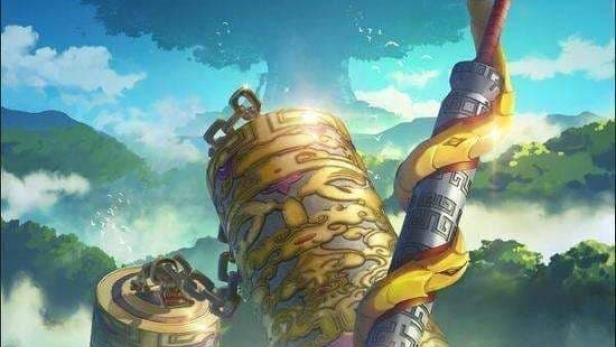 Ein Fantasiekunstwerk mit einem Stab und verzierten zylindrischen Strukturen vor einer Baumlandschaft.